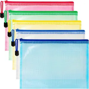 5 Pack Large Clear Waterproof Mesh Zipper Pouch Bags 13.2 x 9.4 Inch, Assorted Colors Storage Pouches for Home Office School Travel Cosmetic Puzzles Board Game Accessories