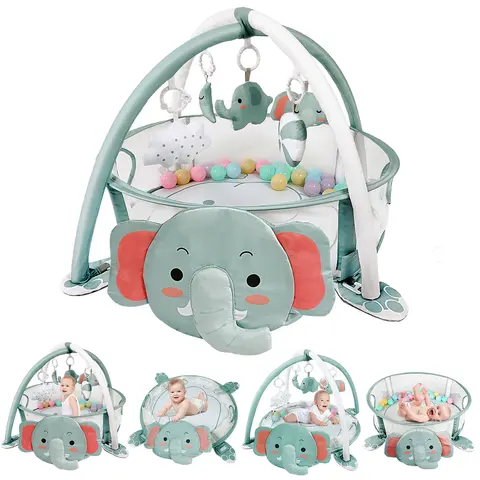 dearlomum 4-in-1 Unisex Elephant Design Playgym & Playmat - Plastic Floor Activity Center, Play Mat for Babies, Ball Pit with 30 Balls, 5 Sensory Touch Toys, Animal-Themed Newborn Baby Stuff