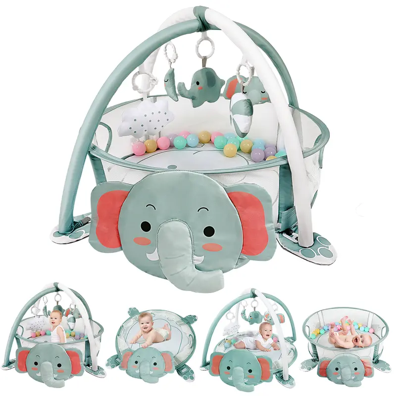 dearlomum 4-in-1 Unisex Elephant Design Playgym & Playmat - Plastic Floor Activity Center, Play Mat for Babies, Ball Pit with 30 Balls, 5 Sensory Touch Toys, Animal-Themed Newborn Baby Stuff