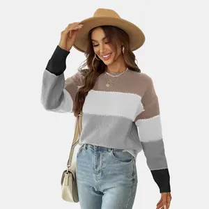 Women's Long Sleeve Colorblock Knit Round Neck Sweater-Cupshe-L-Gray