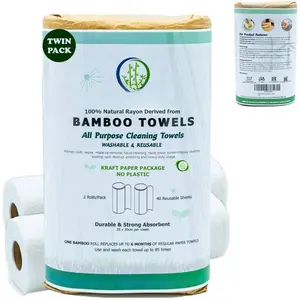 Rayon Towels - Pack of 2 Washable Kitchen Paper Towels - Lint free, Zero , Recyclable, 2x20 Heavy Duty  Washable Rolls