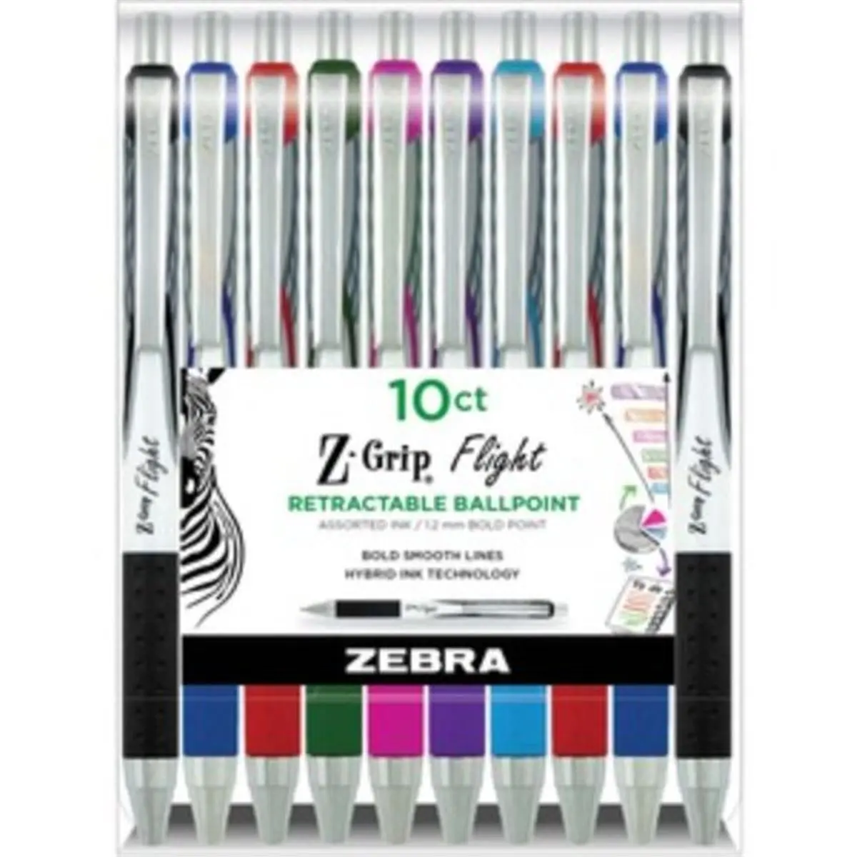 Zebra Z-Grip Flight Series Retractable Ballpoint Pens - 1.2 mm Bold Tip for Bold Writing, Plastic Barrel, Smooth Writing Ballpoint, Assorted Ink Pack of 10 for Business Users
