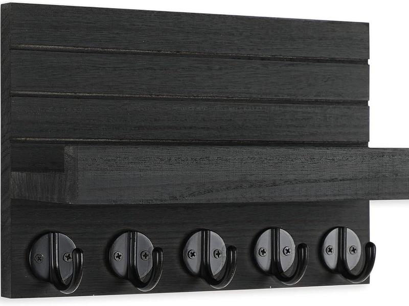 Key Holder for Wall, Decorative Key and Mail Holder with Shelf Has Large Hooks for Bags, Coats, Umbrella – Paulownia Wood Key Hanger with Mounting Hardware (9.8”W x 6.7”H x 4.2”D)