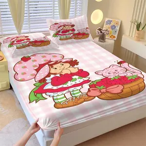 Strawberry Shortcake Character Print Fitted Sheet Set (3 Pieces, 1 Fitted Sheet + 2 Pillowcases), Cute Kawaii Pink Gingham Aesthetic Bedding, Soft Breathable Bed Set for Girls & Kids Bedroom