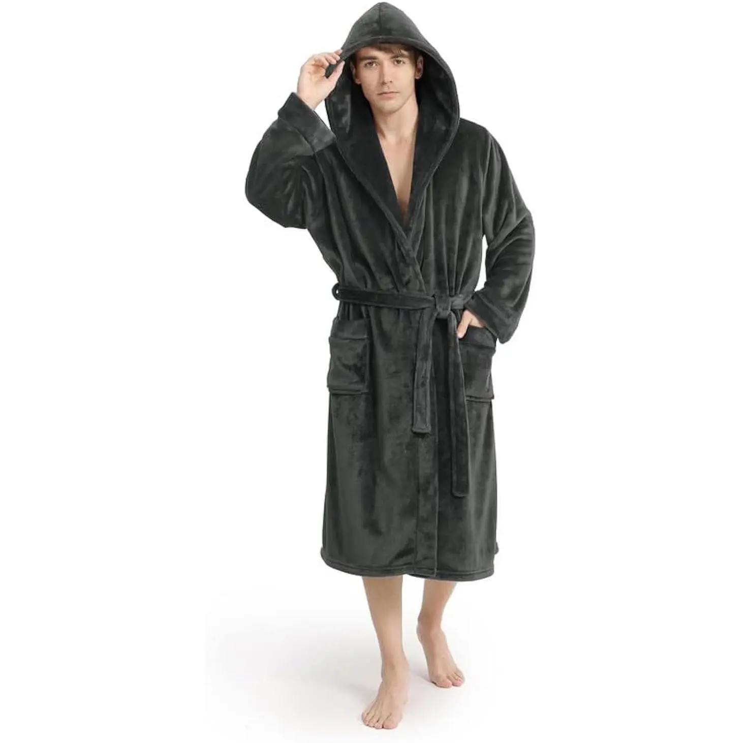Luxury Mens Robe with Hood, Ultra Cozy Fleece Bathrobe for Men, Plush Hooded Robe with Belt & 2 PocketsGift