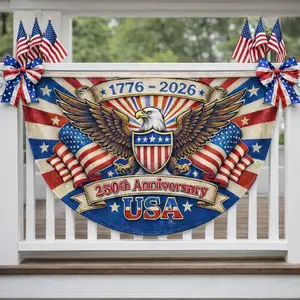 USA 250th Anniversary Polyester Semicircle Fence Banner, 1776–2026 Patriotic Bunting Flag, American Flag Half Round Banner, Fourth Of July Independence Day Outdoor Decor, USA 250 Years Porch Fence Party Banner