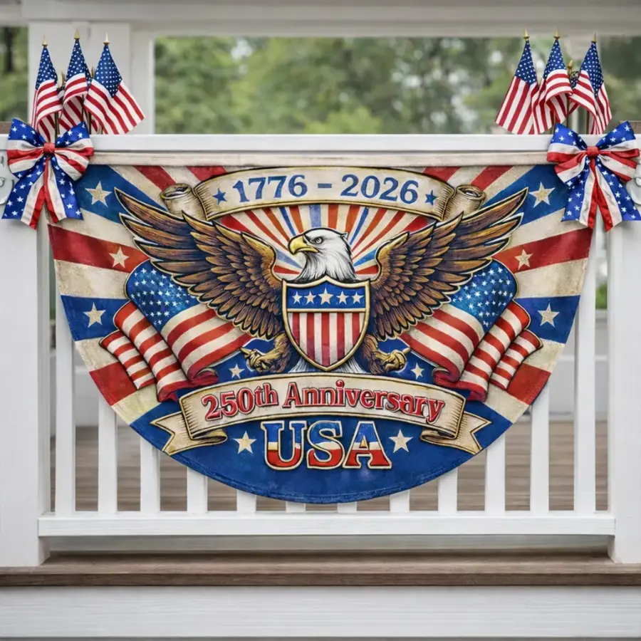 USA 250th Anniversary Weatherproof Polyester Half Circle Fence Banner, 1776-2026 Patriotic Bunting Flag, Classic Colors Outdoor Decor for Fourth Of July Independence Day Porch Party