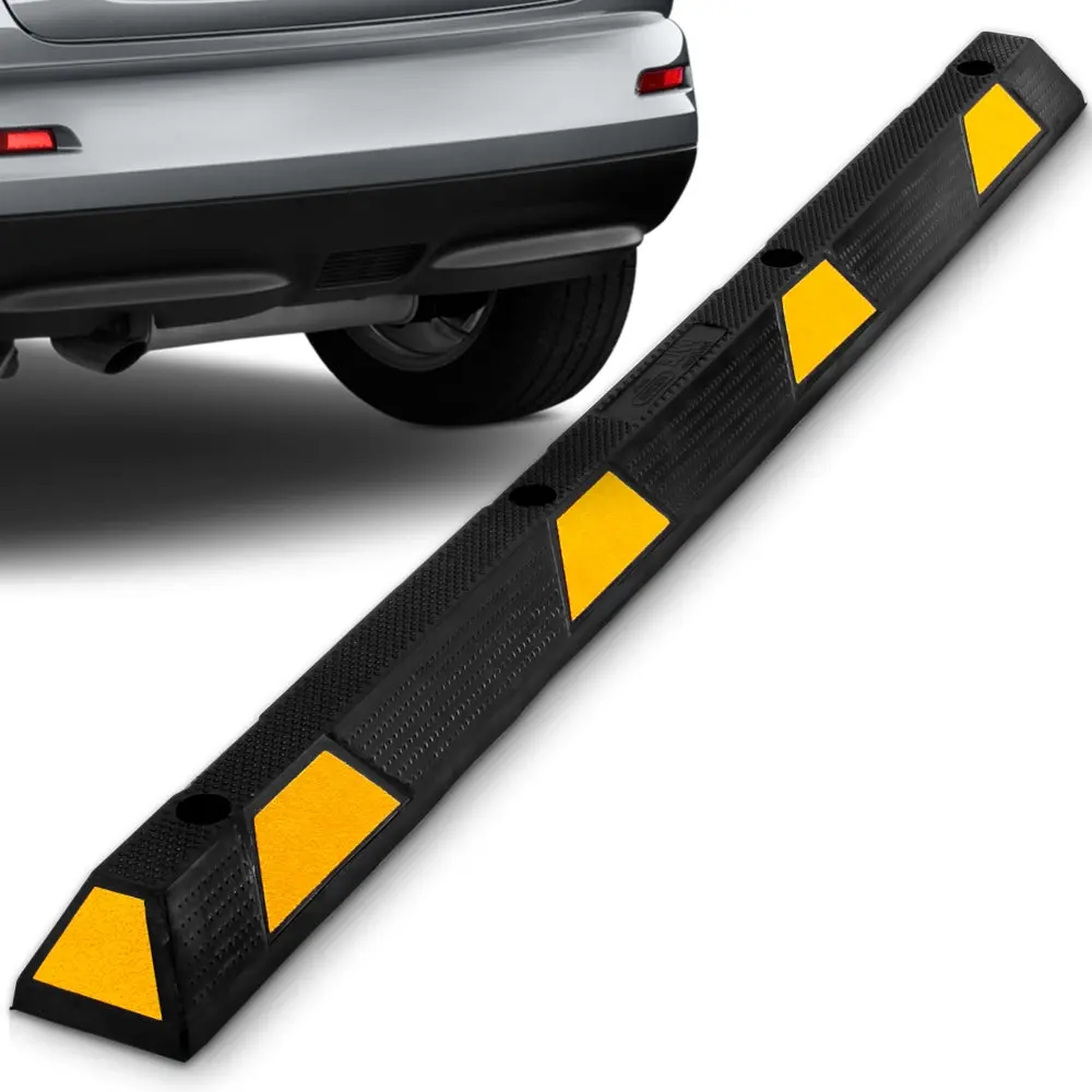 72" Heavy-Duty Rubber Parking Curb Stop | Extra Wide Wheel Stopper with Yellow Reflective Strips, Reinforced Tire Block with Mounting Holes for Garage, Driveway & Parking Lot - Ideal for Cars, Trucks, Buses & RVs