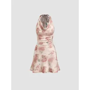 Cider Satin Cowl Neck Floral Mini Dress