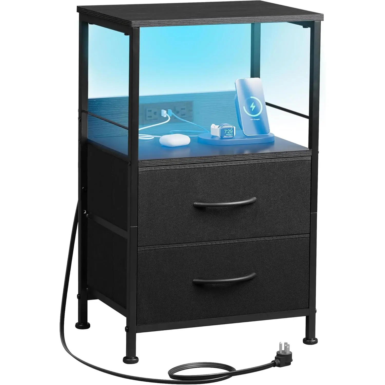 Black LED Night Stand with Charger Station - 2 Fabric Drawers, Storage Shelf, 3 USB Ports, 2 AC Outlets, RGB LED Lights - 15.67"d x 11.73"w x 25.19"h, 55 lbs - for Apartment Decorating, Studio Apartment Setup