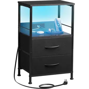 Night Stand with Charger Station, Black Nightstand with 2 Fabric Drawers and Storage Shelf, LED Bedside Table, Bedroom Small End Tables with 3 USB Ports and 2 AC Outlets