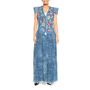 MORPHEW COLLECTION Floral Embroidered Cotton Denim & African Indigo Maxi Duster