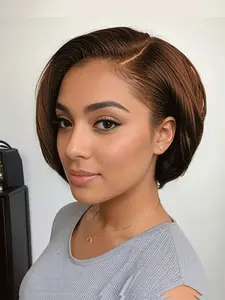 Trendy Pixie Bob Wig 8-inch, Glueless with 150% Density, 13x4 Lace Frontal – Straight Virgin Human Hair in 99J, Highlight Brown, #4 Black, 27 Blonde – Perfect for Family Reunions and Holiday Celebrations, Lace Front Bobs, Human Hair Wigs