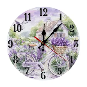 12in Silent Wooden Wall Clock | Lavender Bicycle & Cottage Print, Battery Not Included, Great Gift for Lavender Lovers, Provence Enthusiasts, Perfect for Kitchen, Bedroom, Farmhouse
