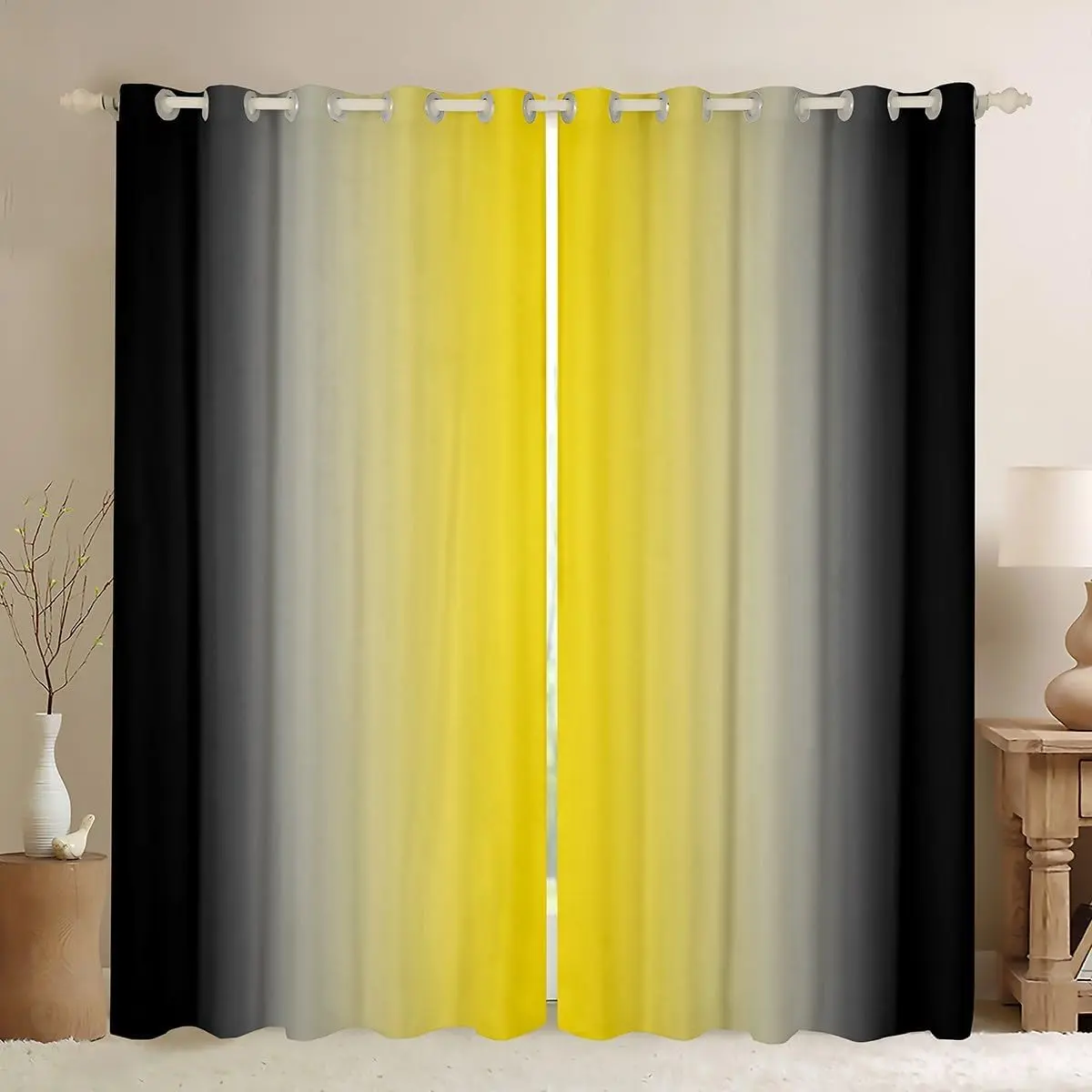 Feelyou 2-Panel Ombre Yellow to Black Darkening Curtains, 30%-50% Blackout Abstract Window Treatments, Home Decoration Curtain for Bedroom, Curtains For Bedroom