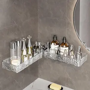 Clear Acrylic Corner Adhesive Shower Caddy, Wall Mounted Shower Shelf for Kitchen & Bathroom, No Drilling Shower Rack, Acrylic Bathroom Shelves with Self Adhesive Tape