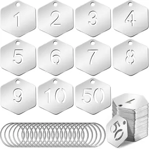 50 count Hollowed Stainless Steel Number Tags Metal Numbered Key Number Labels Coat Check ID Tags with Key Rings Chain for Dormitory  House Lockers