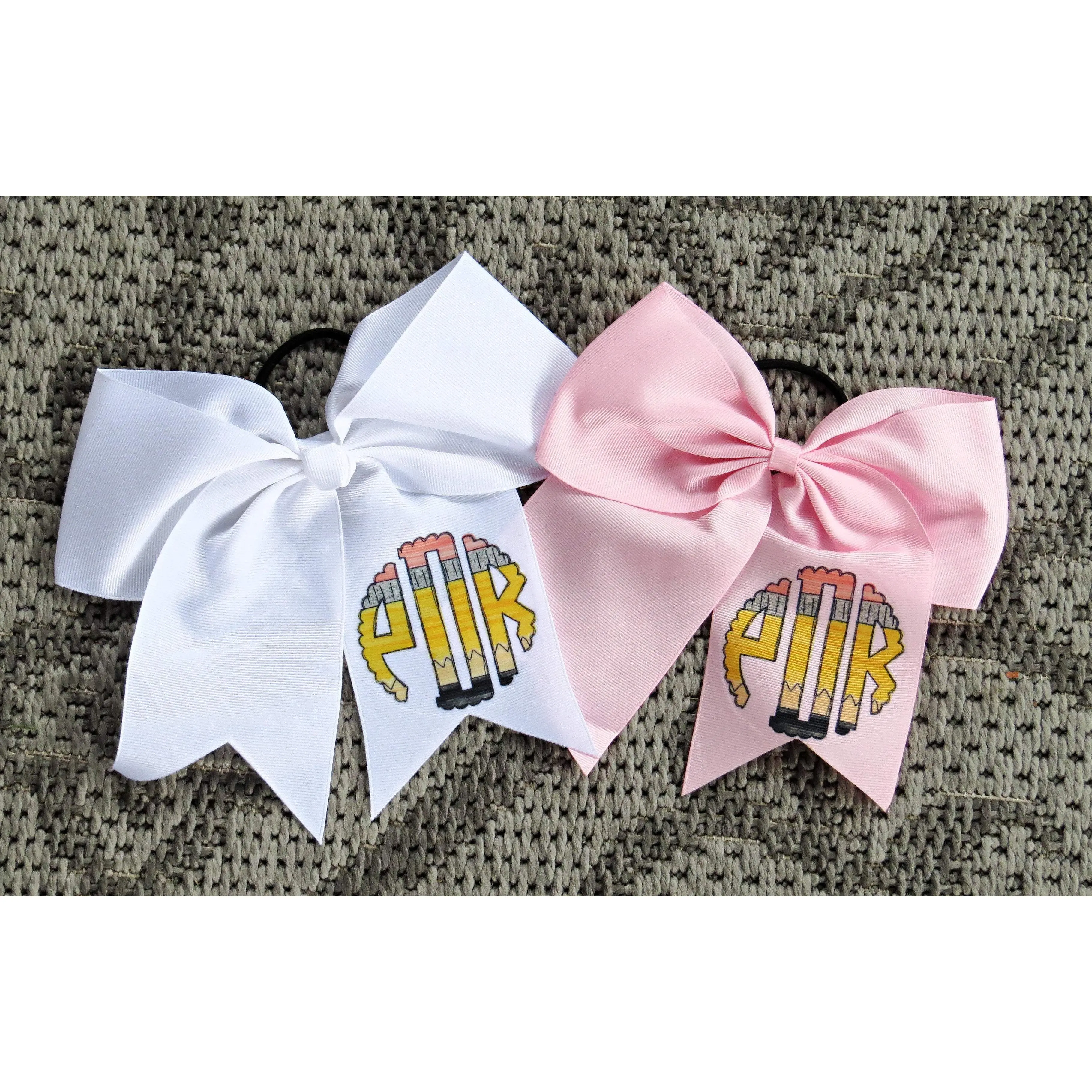 Personalized Pencil Monogram Hair Bow for Girls - Monogram Hair Tie - Accessory Back to School - Custom White Pink Preppy Bow - Cheer 8" Bow - Ribbon - Uniform