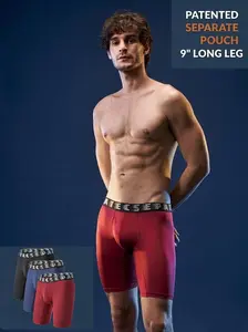 Separatec Men's 9" Long Leg Boxer Briefs, Athletic Underwear with Separate Ball Pouch, Breathable Anti-Chafing Spandex Fabric, 3 Pack, Sports Clothes