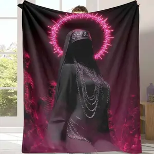 Gothic Halo Nun Flannel Blanket Dark Pink Aura and Skeleton Art Print Design Ultra Soft Cozy Warm Decorative Throw Perfect for Bedroom Living Room Lounge Halloween Party Artistic Home Decor Gift