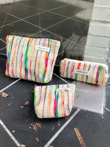 1 pc Colorful Striped Makeup Bag, Multifunctional Toiletry Bag, Canvas Travel Toiletry Organizer, Daily Essentials Bag, Cosmetic Bag, Portable Lightweight Foldable Storage Bag, Multi Functional, Ideal Gifts For her