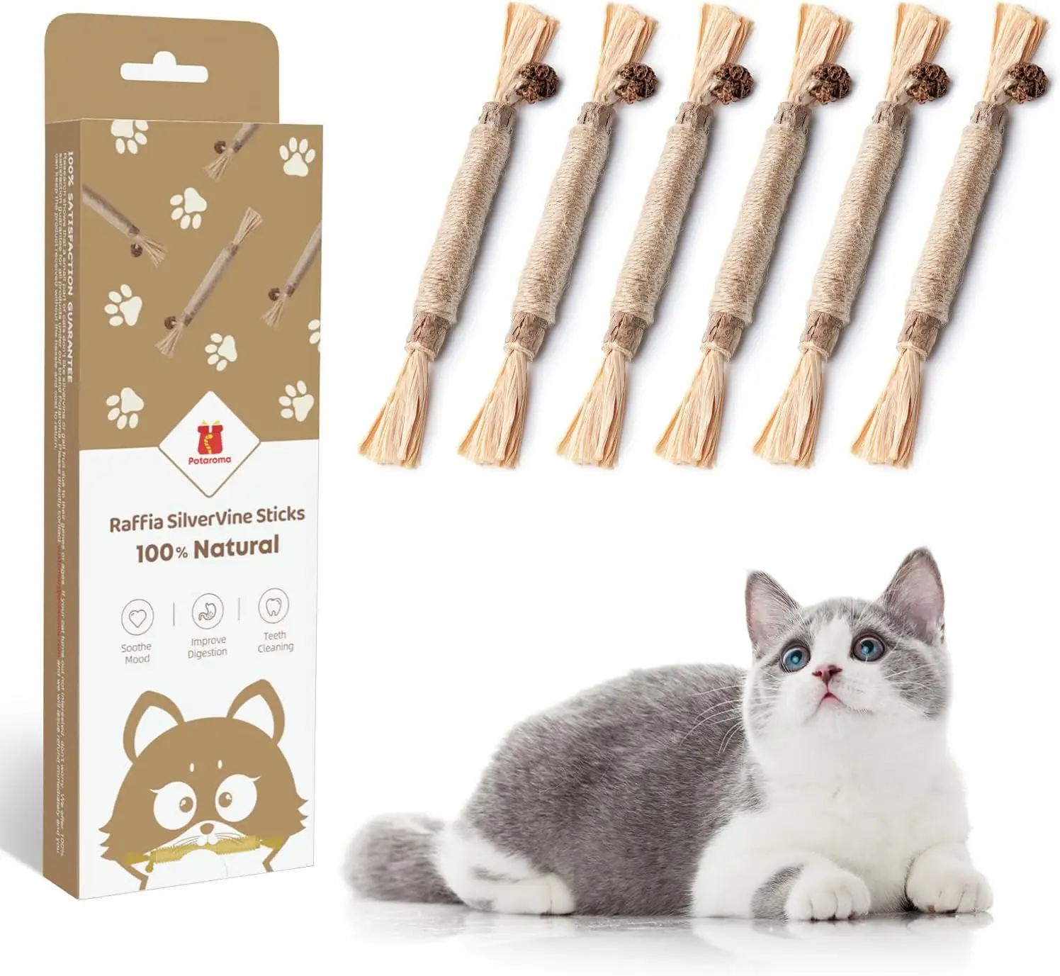 Potaroma 6 Pcs Cat Chew Silvervine Stick Toys, Natural Cat chew Toys, Teeth Cleaning