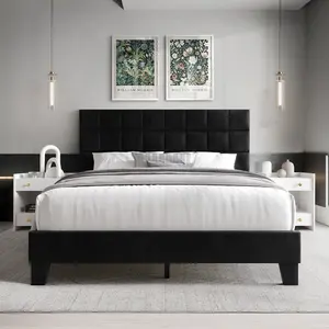 ChaletPosh Velvet Platform Bed - Square Stitch Headboard, No Box Spring Required, 100% Polyester Velvet, Premium Rubberwood, MDF & LVL Construction