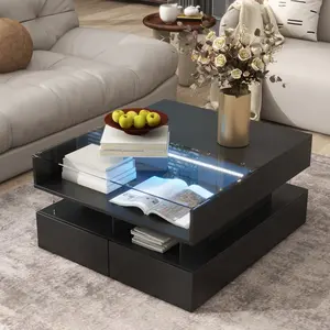 Lift-Top Coffee Table with 2 Storage Drawers, Modern Square Coffee Table with Glass Top and High-Gloss Finish, Hidden Space and LED Lights for Living Room, Black