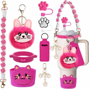 8 count -Themed Cup Accessories for  Tumbler, Includes  Paw Straw Topper, Water Bottle Handle, Boot, Fluffy   Charms,  and Lip Balm Sleeve