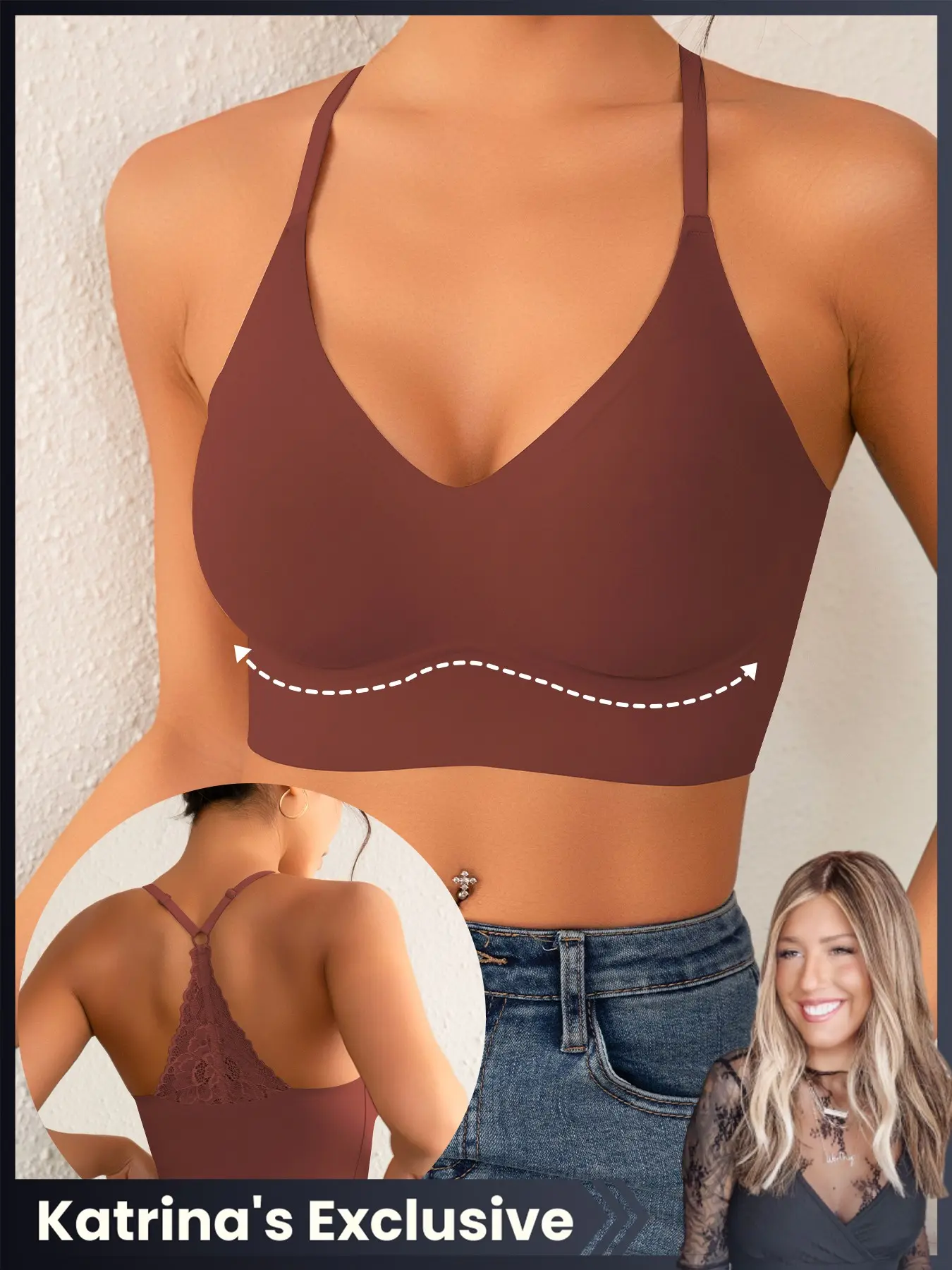 【Katrina's Exclusive】Anti slip adhesive supportive sports bra top wireless breathable backless design for yoga fitness training Workout Bra Exercise Bra
