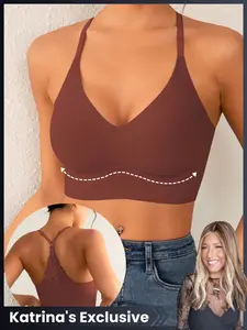 【Katrina's Exclusive】Anti slip adhesive supportive Solid sports bra wireless breathable backless design for yoga fitness training