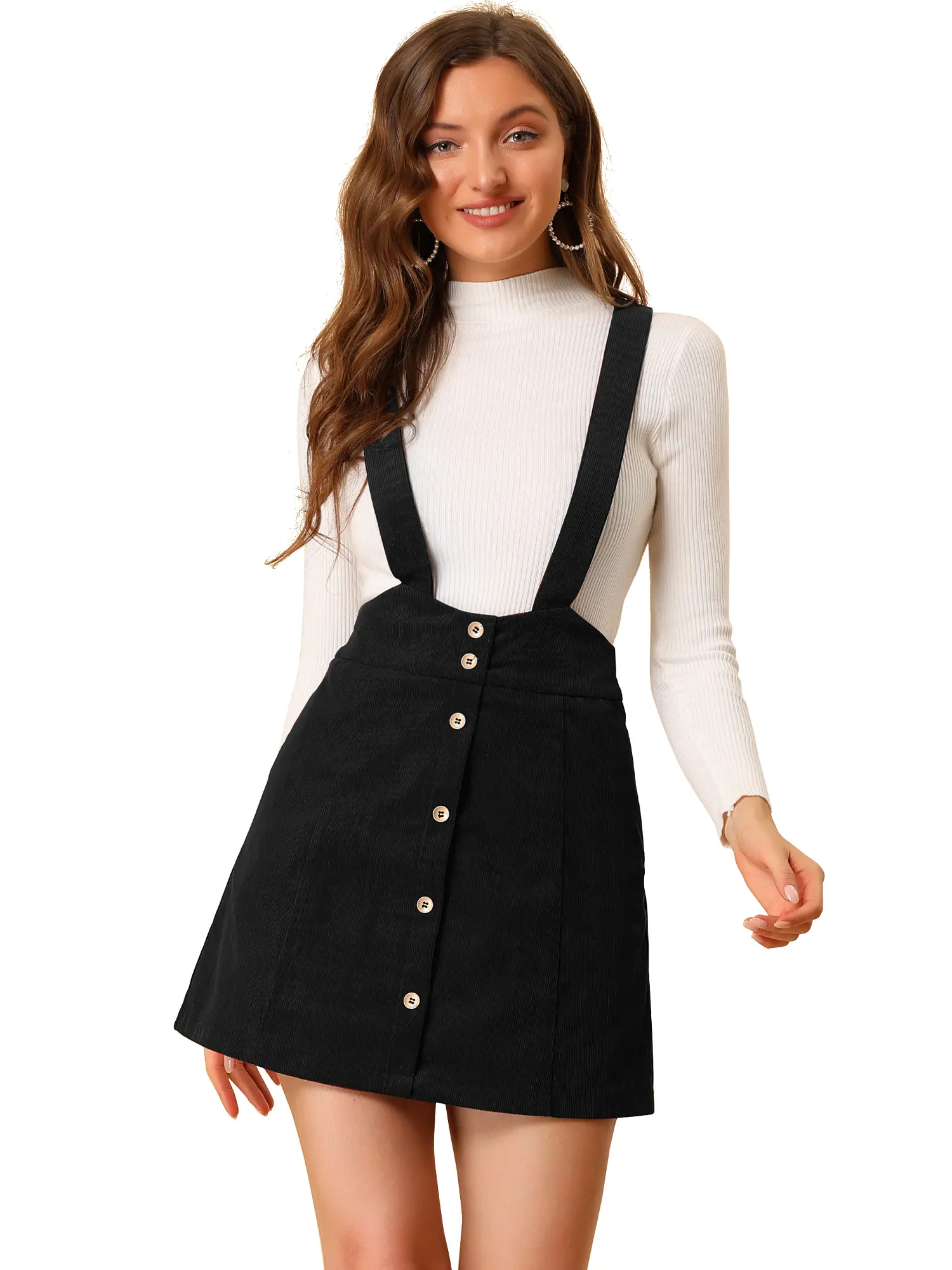 INSPIRE CHIC Corduroy Overall Strap Braces Button Decor Suspender Skirt Black