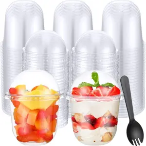 100 Pack 12oz Clear Plastic Cups with Lids & Sporks, Disposable Party Cups for Weddings, Thanksgiving, Halloween & Christmas