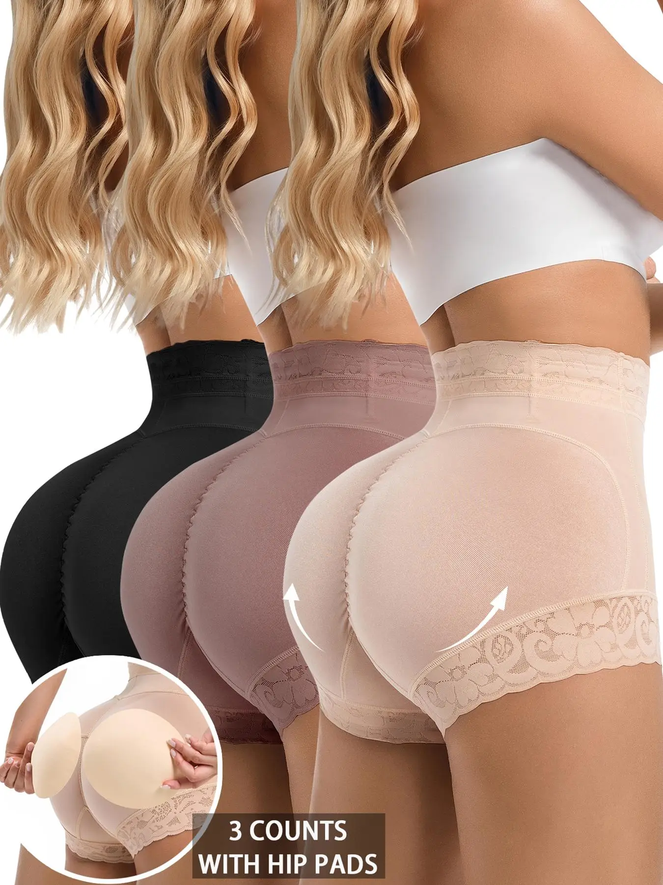 Women's 3 Counts Plain Contrast Lace High Waist Shapewear Shorts with Hip Padding, Casual Tummy Control Butt Lift Shapewear Panties, Ladies Shapewear
