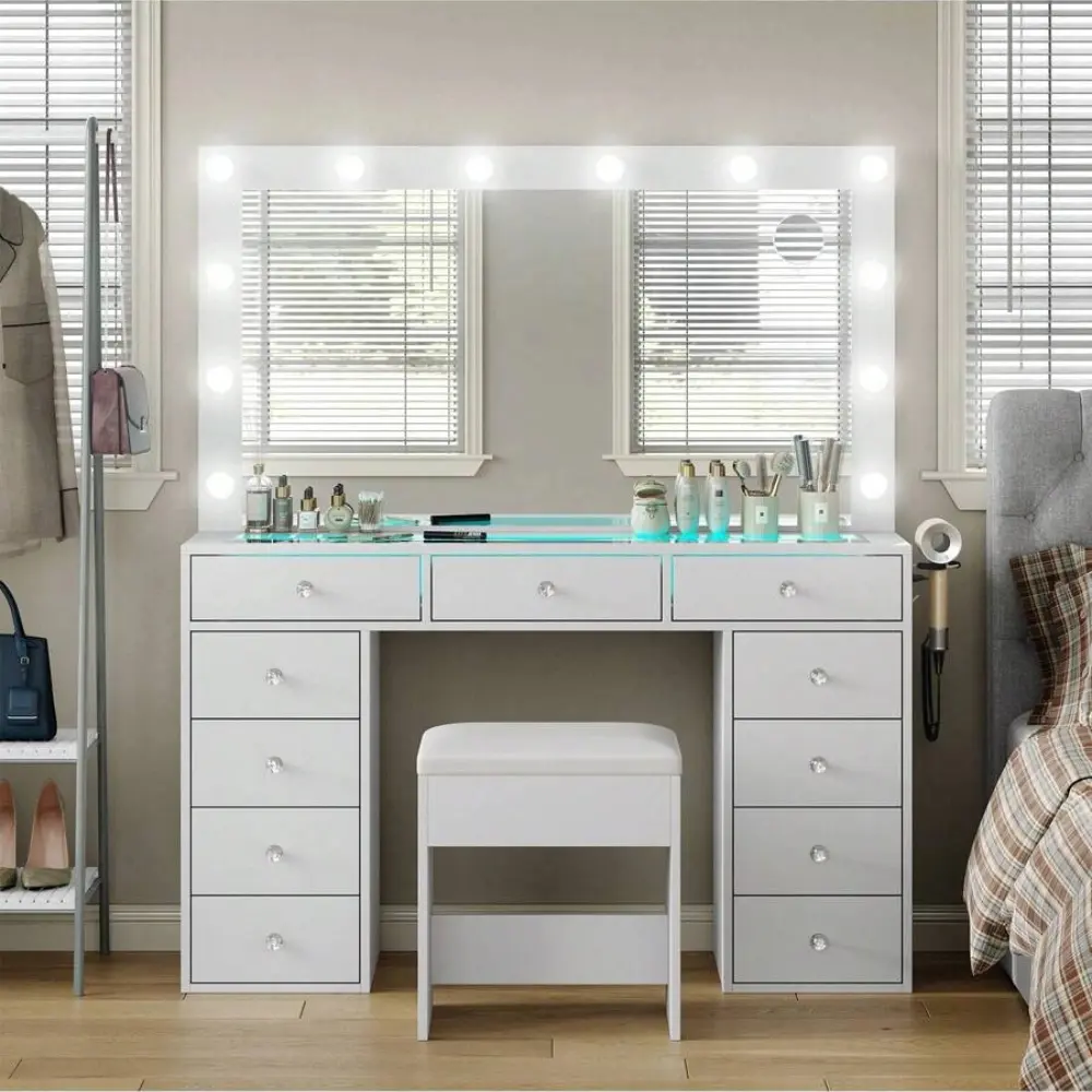 11-Drawer Backlit Illuminated LED Light-Up Makeup Vanity Desk with 12 USB LED Lights, Power Outlet, Tempered Glass Top, Matching Chair for Bedroom (Drawers Makeup Vanities), Backlit Makeup Vanities
