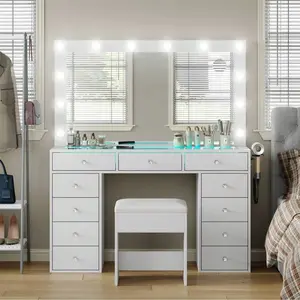 11 drawer Vanity Desk With Illuminated Mirror & Power Outlet, Makeup dresser With 12 USB Power LED Lights, With Chair, Tempered Glass Top, For Bedroom