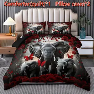 Elephant Family Pattern Quilt Set, 3-Piece Bedding Combo (1 Quilt + 2 Pillowcases), 200gsm Polyester Fiber, Ideal for Couples