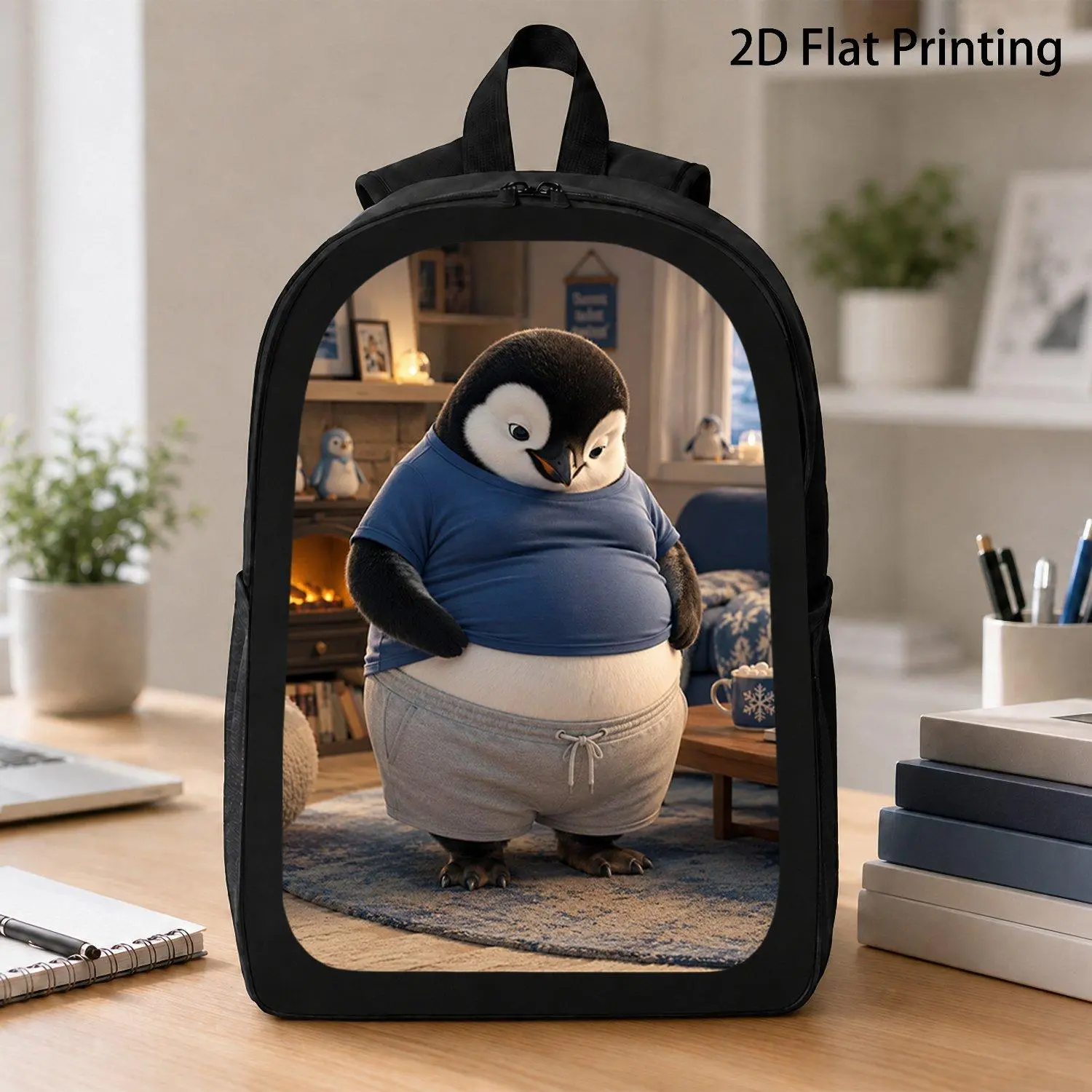 17-Inch Basic Unisex Backpack, Cute Wildlife Print Funny Chubby Penguin Lifting Blue Shirt Big Belly Warm Living Room Scene, Stylish Casual School Travel Laptop Bag