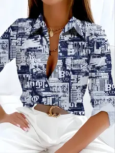 Trendy Casual Button Front Denim Patchwork Print Letter Shirt, Long Sleeve Flounce Collar Fitted Blouse, Fashionable Versatile Vacation Style Collared Top Womenswear