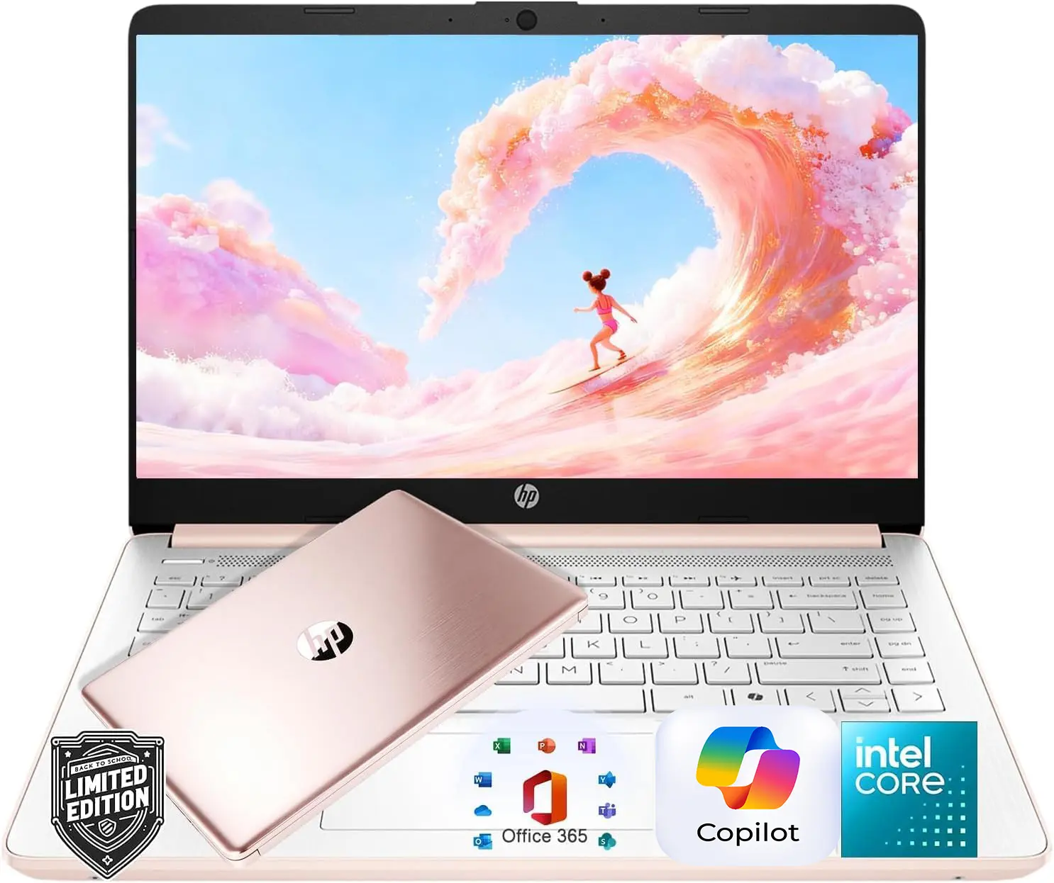 HP 14″Rose Gold Lightweight Laptop, with Office 365 & Copilot AI, Intel Processor, 4GB RAM Memory, 64GB SSD, Windows 11