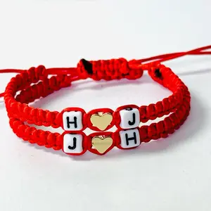 Couple's, Friendship, BFF Initial Heart Red String Macrame Bracelets - A-Z Letters, Adjustable Sliding Knot, Fashionable Heart Shaped Bracelet, Jewelry Accessory for Female, Male Daily Wear