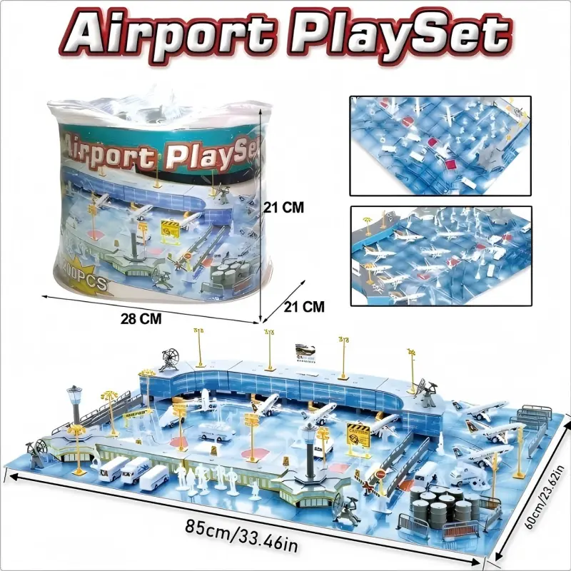 200Pcs Portable Airport Playset with Storage Bag & Play Mat  Deluxe Airplane Toy Set for Kids Boys - Includes Planes, Terminal, Vehicles & Figures - Educational Aviation STEM Toy - Perfect Birthday Gift for Toddlers 3+ - Screen-Free Play Fun!, 200 Pieces,