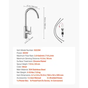 VEVOR Touchless Kitchen Bar Sink Faucet, Single Handle Automatic Motion Sensor Bathroom Faucet, Hands-Free Adjustable Cold Hot Water Mixer Flexible Swivel for 9/16 in Pipe, Chrome Plated Silver