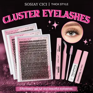 SOSIAY CICI 320PCS 40D D Curl Thick Volumizing Lash Clusters Kit, 9-16mm Thin Band DIY Eyelash Extensions with Bond&Seal, Remover, Applicator & Free Clear Glue