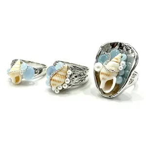 Handmade Natural Conch Shell Ring Coastal Beach Vacation Ocean Blue Gem Pearl Silver Open Ring Ins Minimalist Cool Jewelry Gift for Women