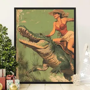Vintage Cowgirl Riding Alligator Art Print, Retro Western Wall Decor, Unique Animal Lover Gift, Rustic Americana Aesthetic Poster (No Frame)