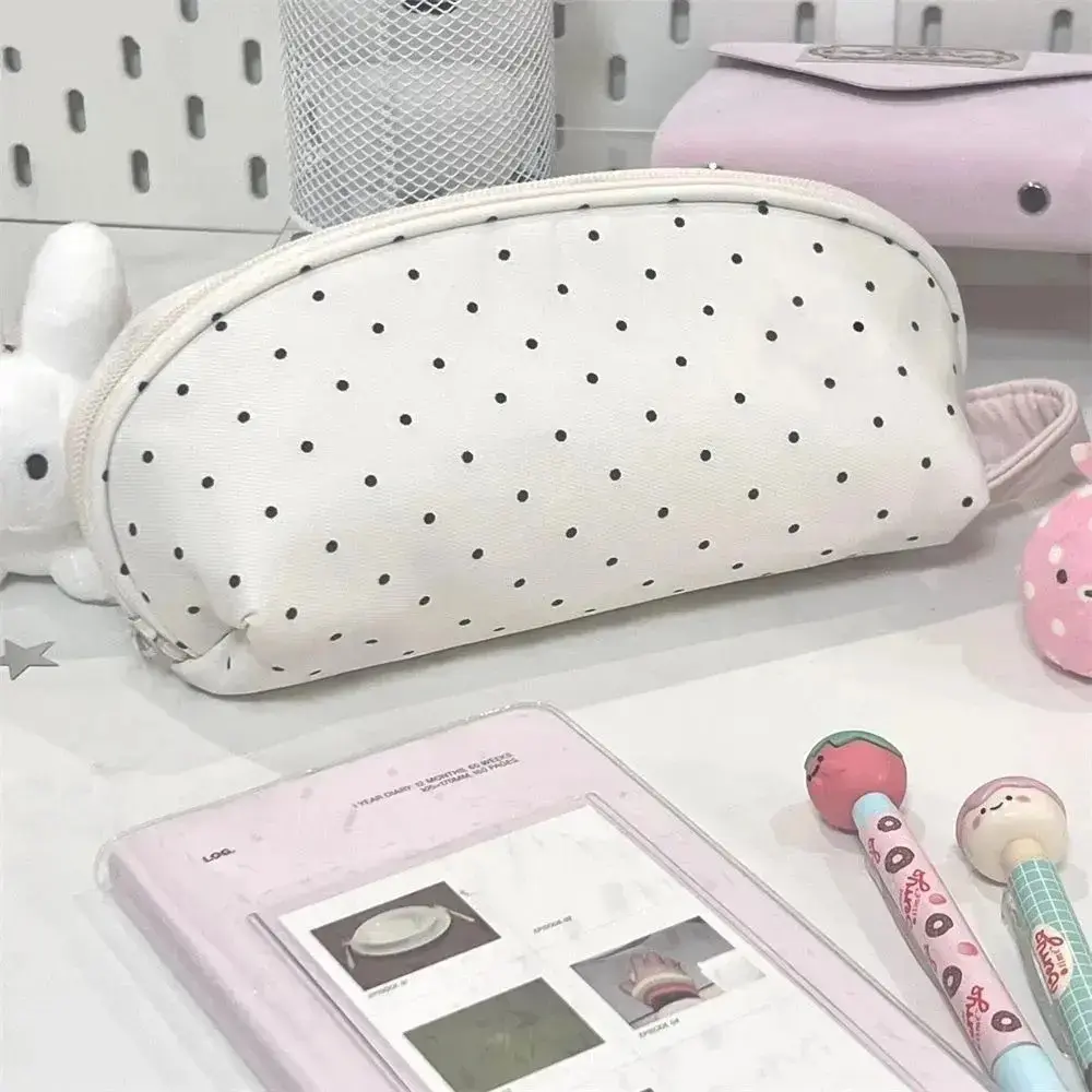 Cute Black Polka Dot Double Layer Canvas Pencil Bag, Multi Compartment Large Capacity Stationery Pouch With Hand Strap, Aesthetic Storage Organizer For Girls School Travel Makeup Daily Office Supplies