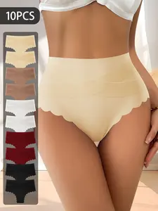 QUASTI 10PCS High Elasticity Underwear for Women, Cotton Crotch Panties Soft & Skin Friendly, Solid Color Girls Briefs Comfortable & Breathable, Wave edge Design Elegant & Fashionable Everyday Comfort Wear