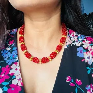 Women's Red and Golden Mix Beaded Naugedi Jewel Necklace, Elegant Fashion Accessory for Women, Costume Jewelry Necklaces, Necklaces For Women