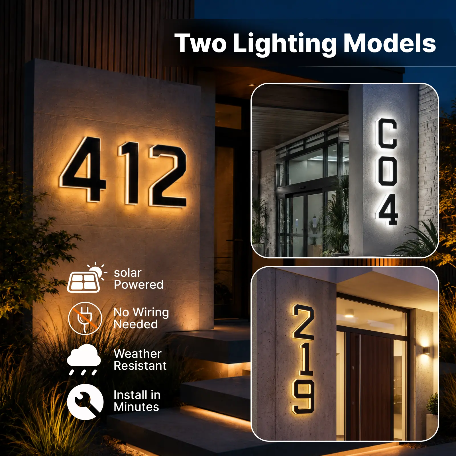 8 Inch Solar House Numbers for Outside, IP67 Waterproof LED Address Numerals, 2000mAh Battery, Warm/Cool Light, Dusk-to-Dawn Auto On/Off, Wall Mount Sign, Easy Install, No Wiring, Delivery & Emergency Friendly, Street-View Visible at Night